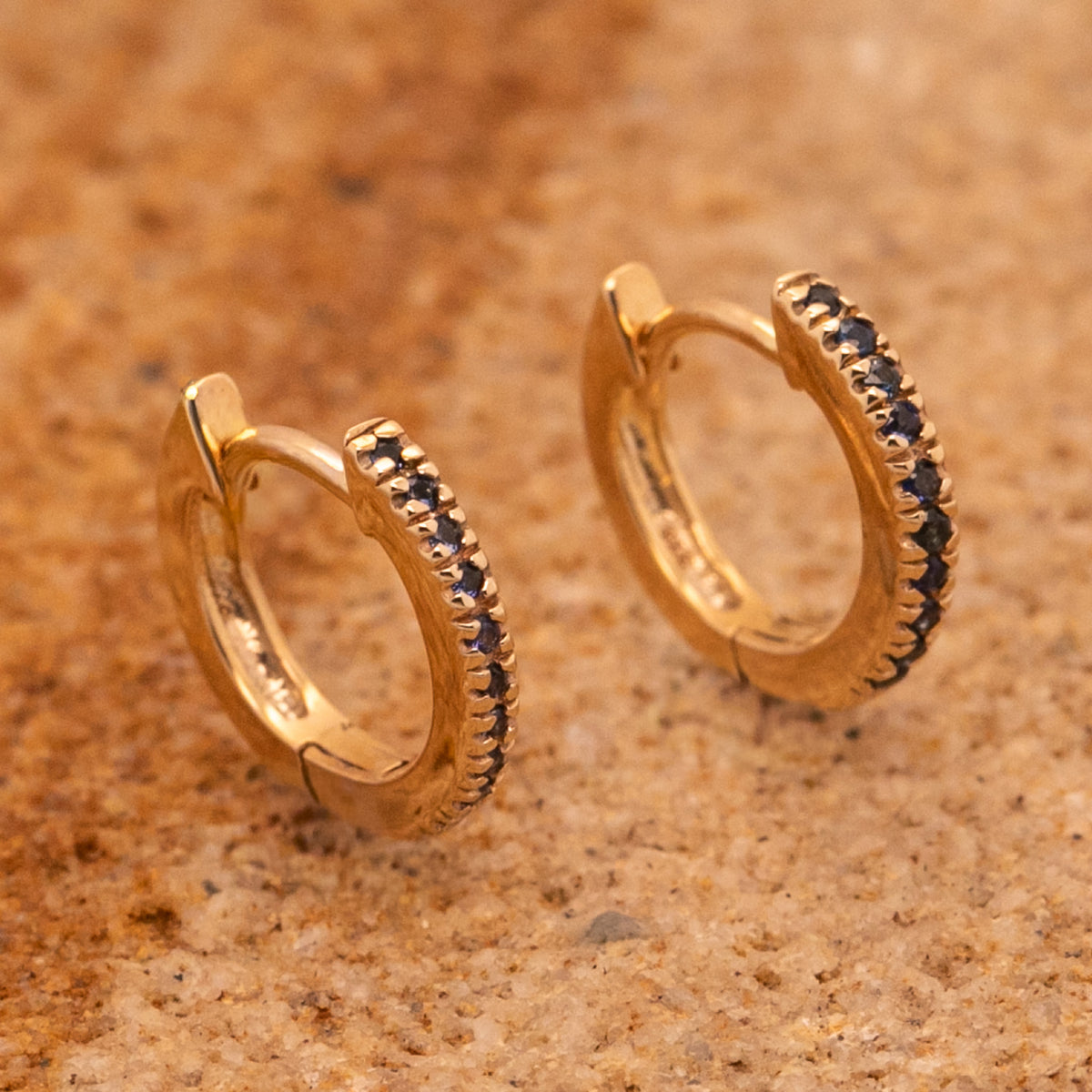 9ct Yellow Gold Blue Sapphire Huggie Hoop Earrings