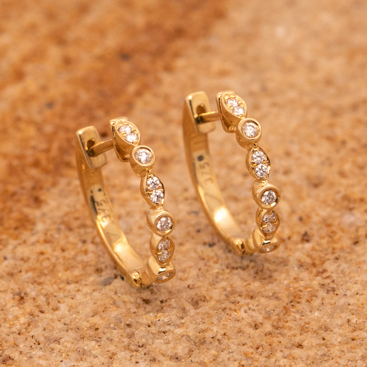 9ct Yellow Gold Round & Marquise Shape Diamond Hoop Earrings