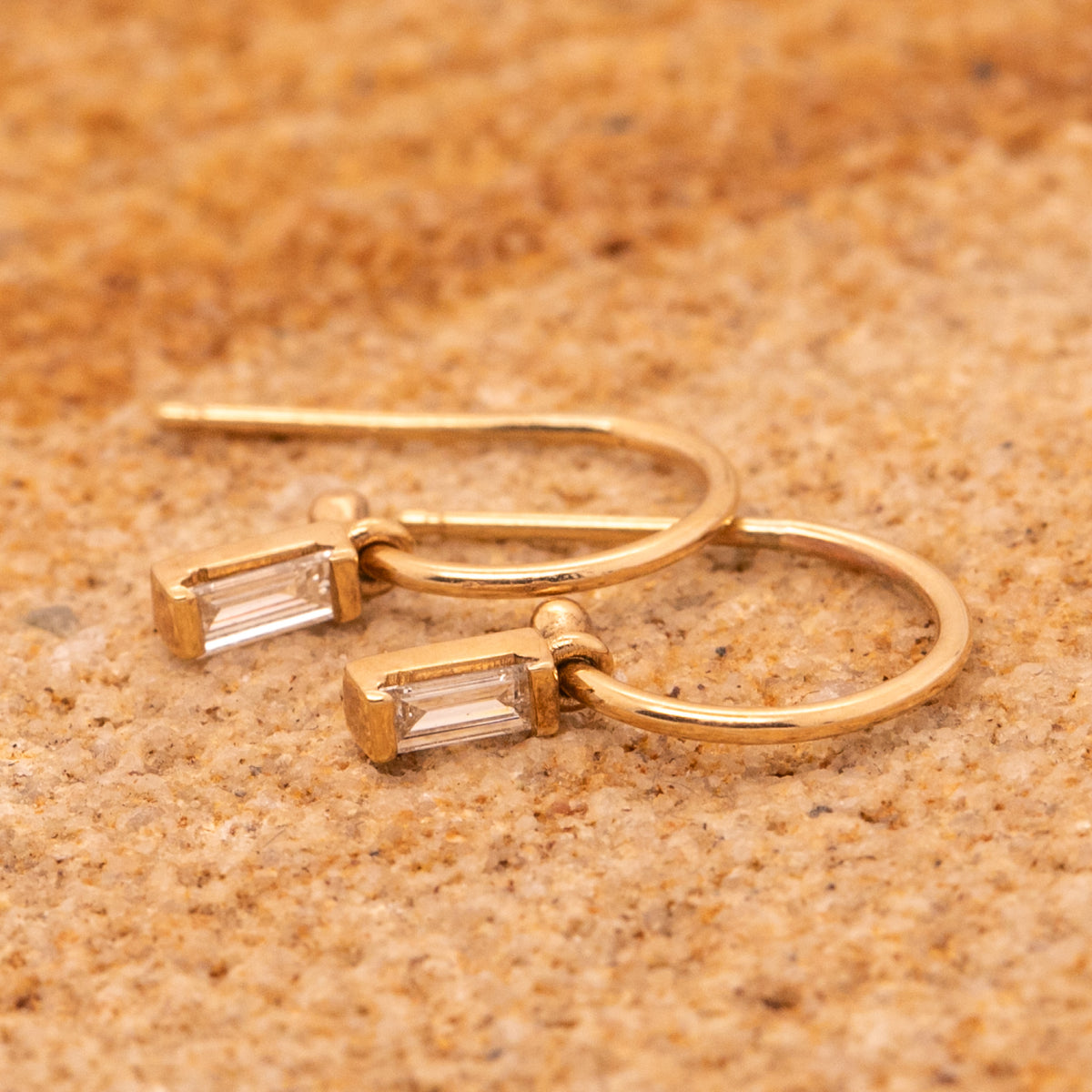 9ct Yellow Gold Sleeper Hoop Earrings with Baguette Diamond Drops
