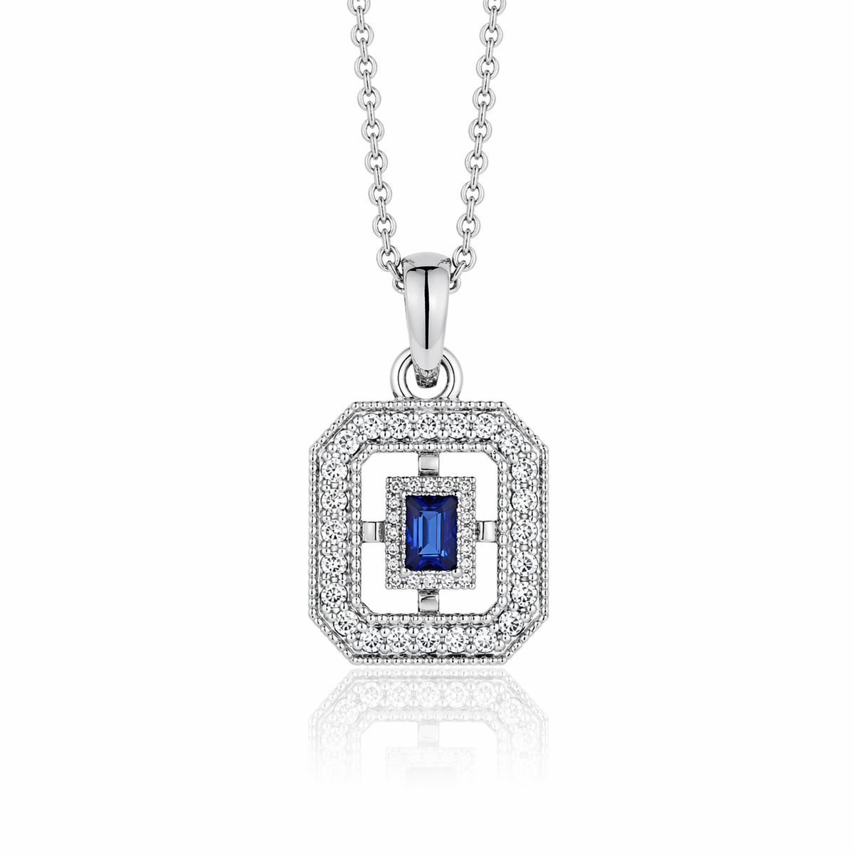 9ct White Gold Blue Sapphire & Diamond ‘Art Deco’ Necklace