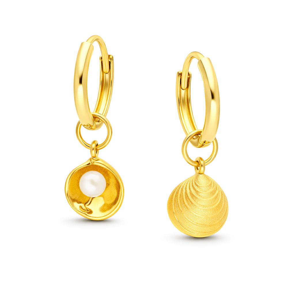 Yellow Gold & Pearl Shell Huggie-Style Drop Earrings