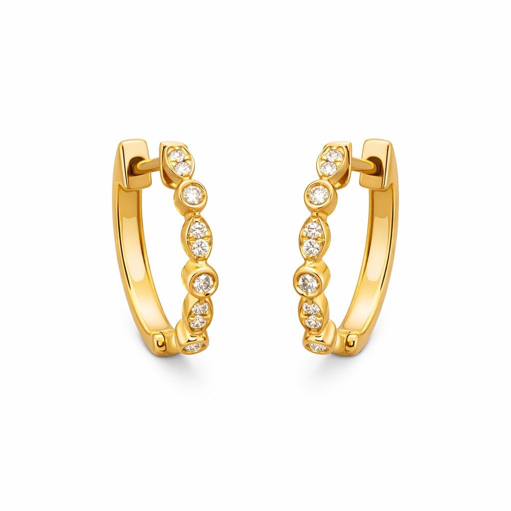 9ct Yellow Gold Round & Marquise Shape Diamond Hoop Earrings