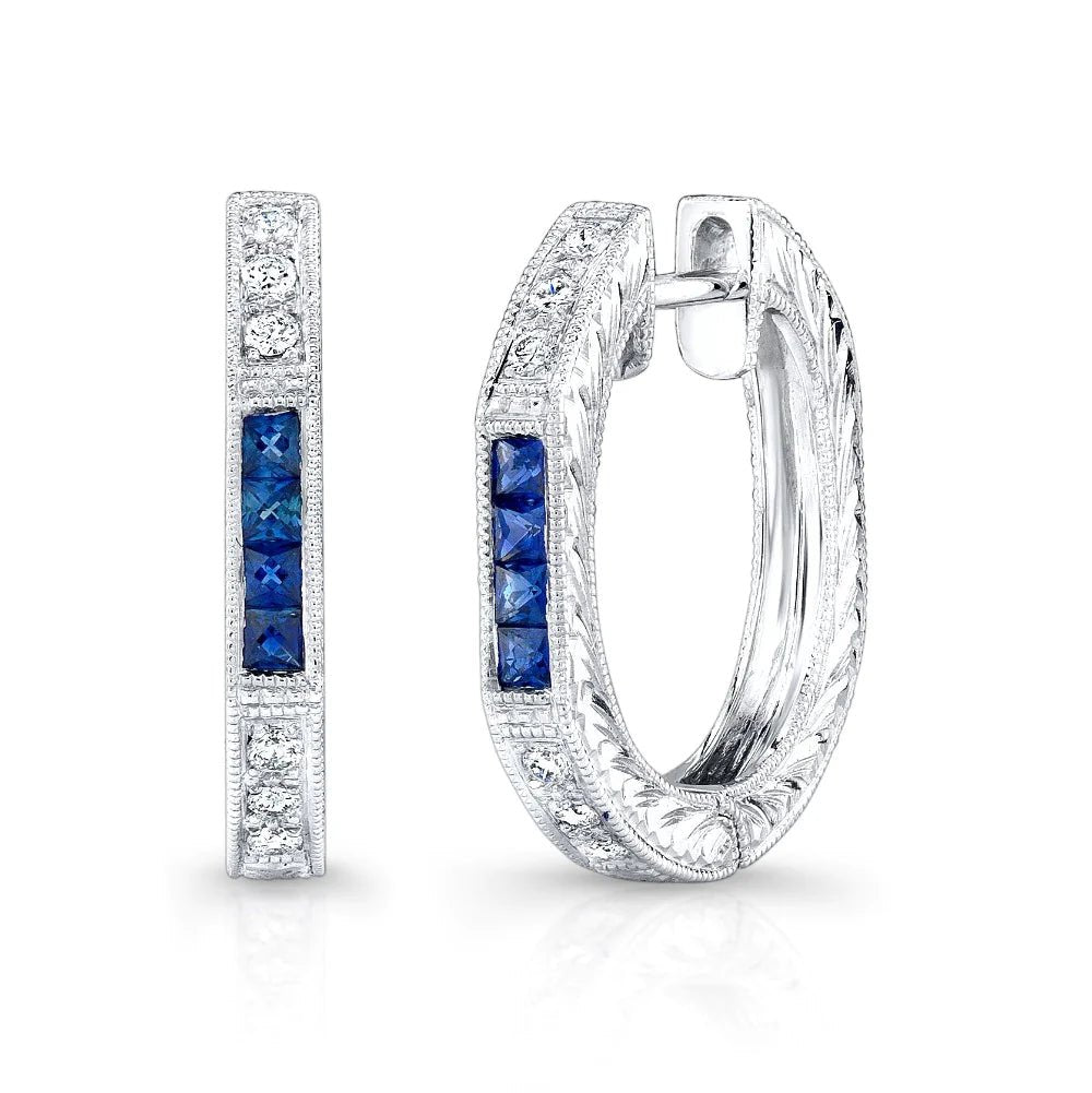Blue Sapphire & Diamond Art Deco Hoop Earrings - Markbridge Jewellers