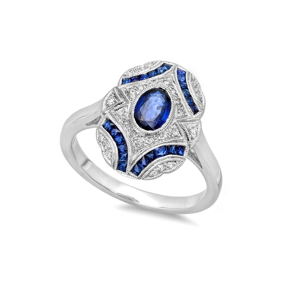 Blue Sapphire & Diamond Art Deco Ring - Markbridge Jewellers