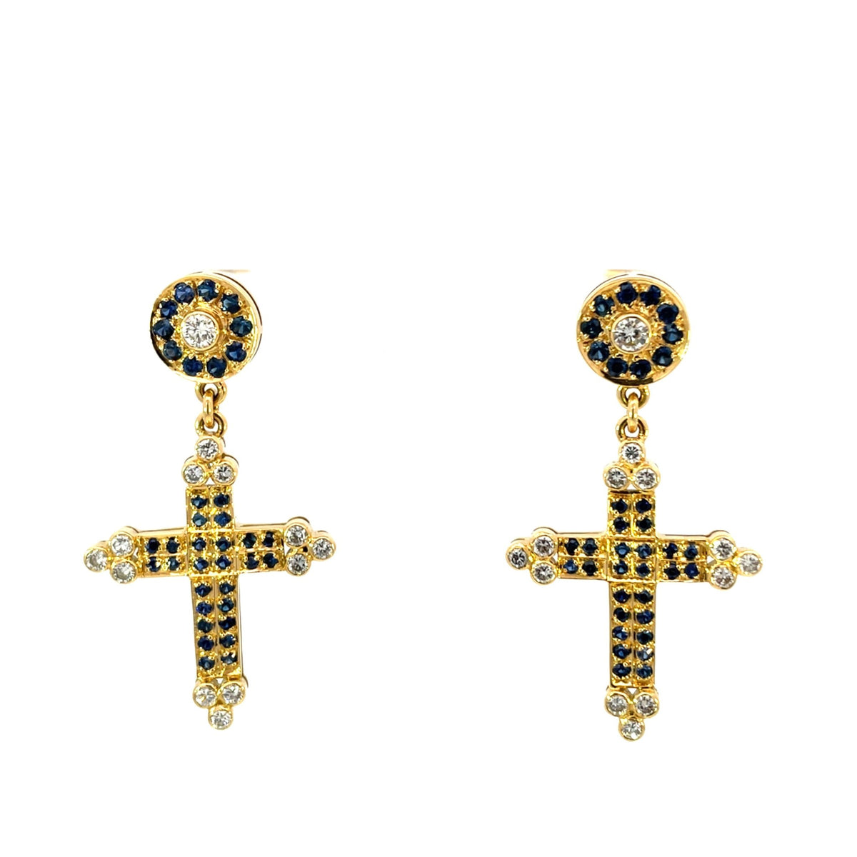 Blue Sapphire& Diamond Cross Earrings - Markbridge Jewellers