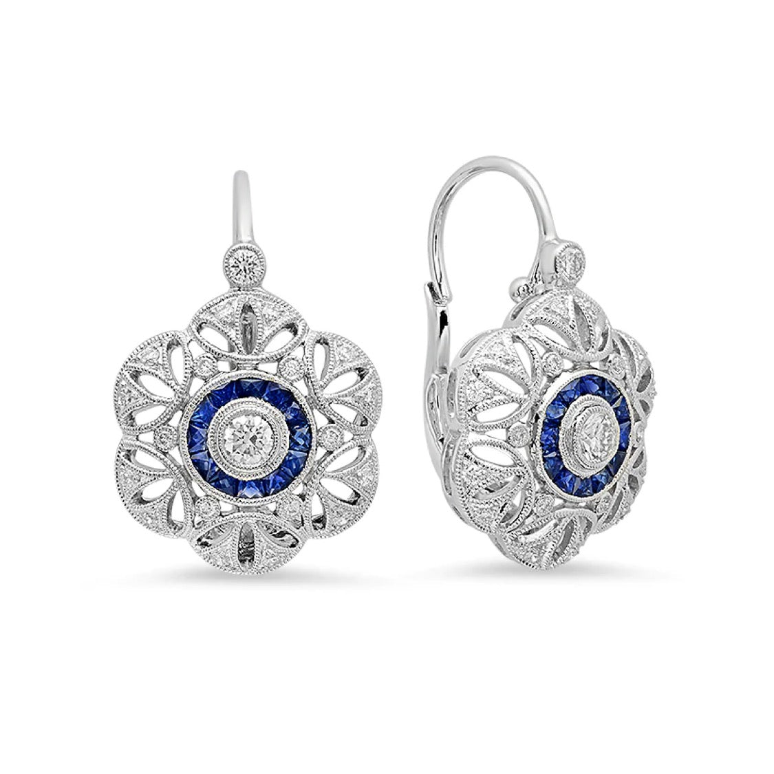 Blue Sapphire & Diamond Flower Art Deco Earrings - Markbridge Jewellers