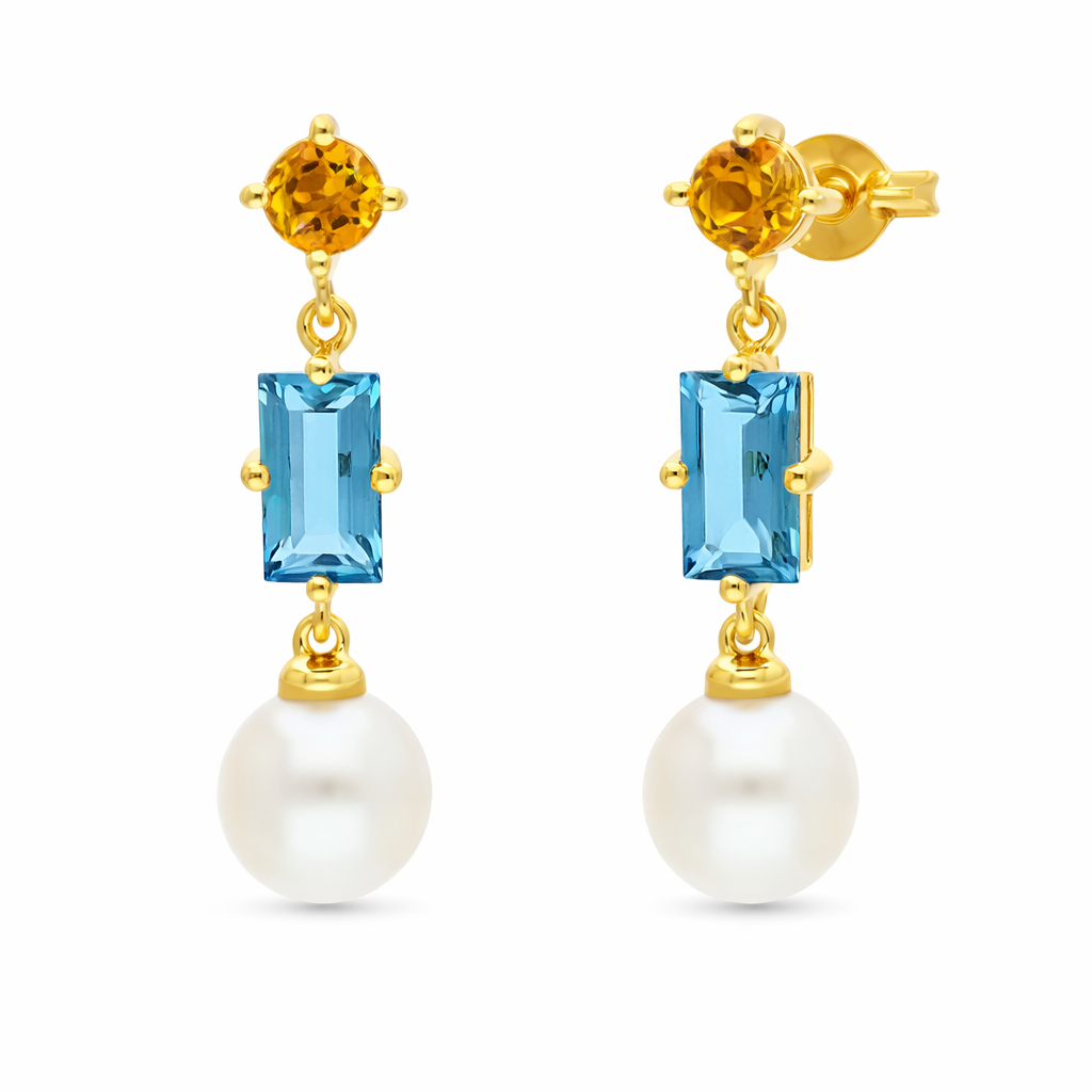 Yellow Gold Stud Drop Earrings With Citrine, Topaz & Freshwater Pearl