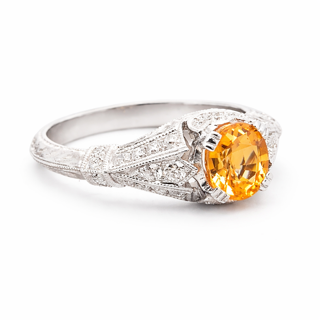 9ct White Gold Spessartite Garnet & Diamond 'Art Deco' Ring