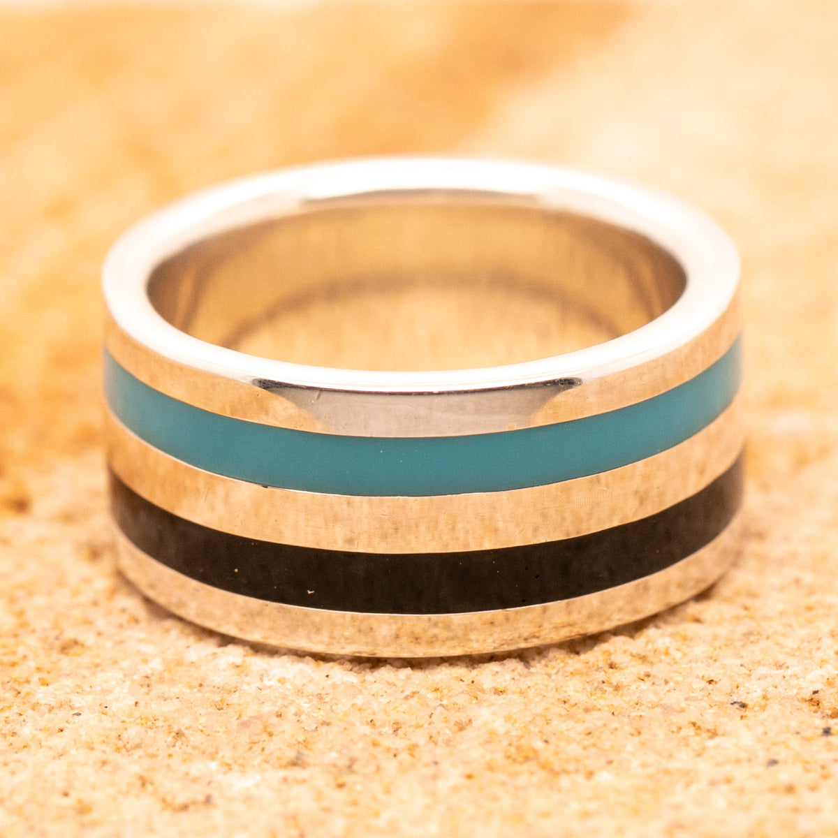 Sterling Silver Mens Ring with Blue & Black Enamel Stripes - Markbridge Jewellers