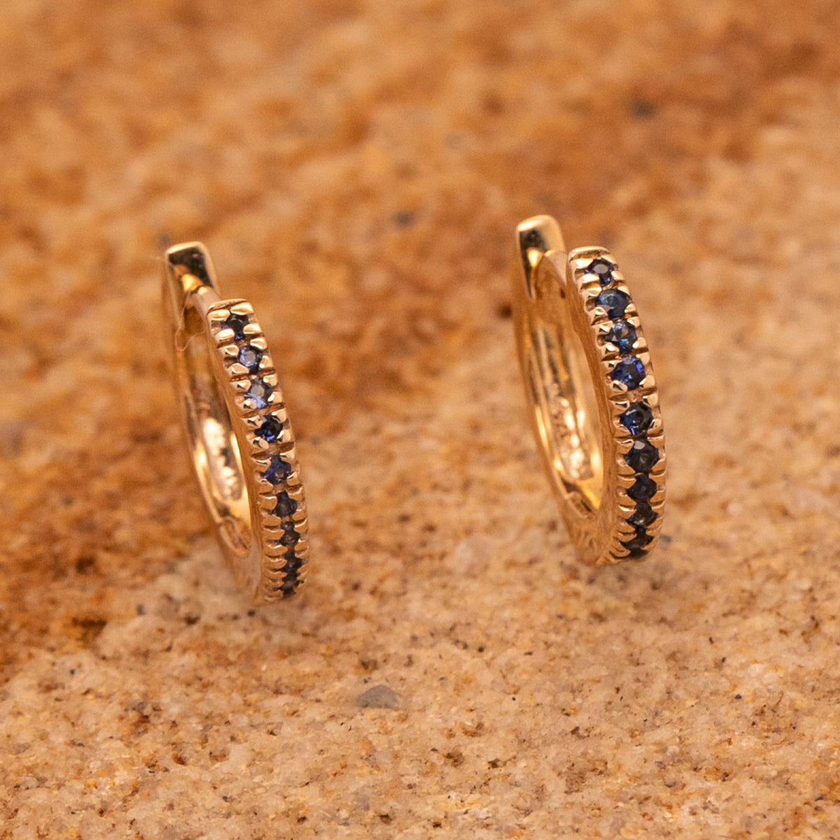 9ct Yellow Gold Blue Sapphire Huggie Hoop Earrings