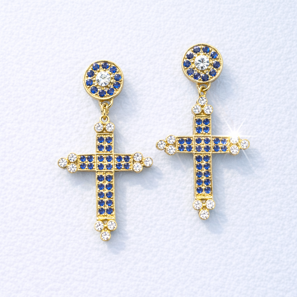 Blue Sapphire & Diamond Cross Earrings