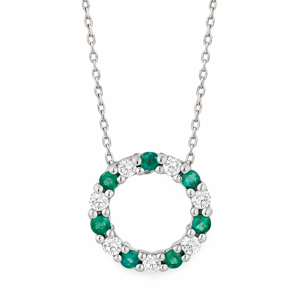9ct White Gold Emerald 0.16ct Diamond Circle Pendant