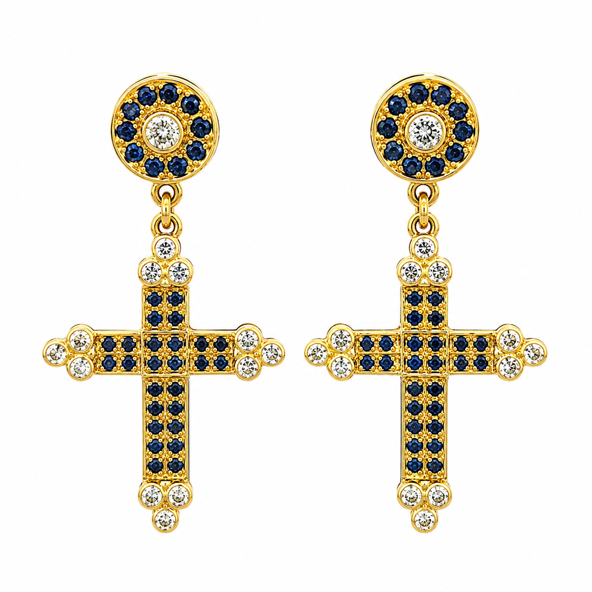 Blue Sapphire & Diamond Cross Earrings