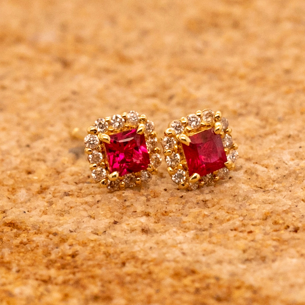 18ct Yellow Gold Ruby & Diamond Stud Earrings