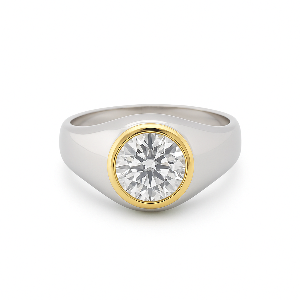 Two Tone Round Brilliant Cut Diamond Signet Ring