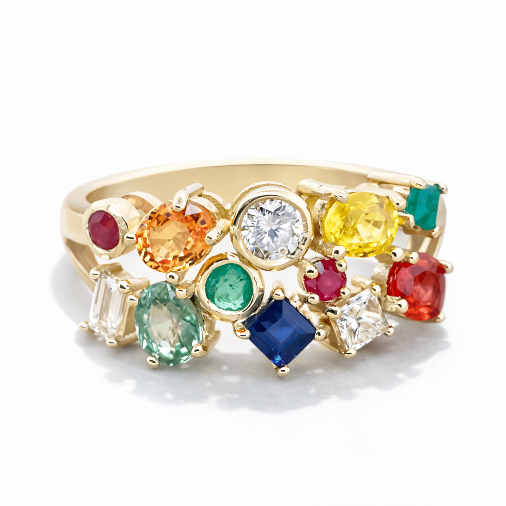 9ct Yellow Gold Multi-Coloured Gemstone & Diamond Dress Ring