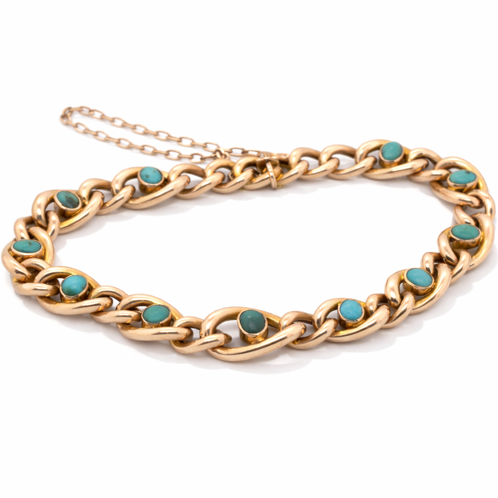 Original Antique Victorian 9ct Rose Gold & Turquoise Curb Link Bracelet - c.1880’s