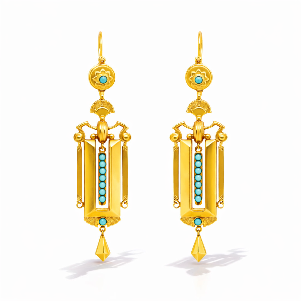 Original Antique Victorian 15ct Yellow Gold & Turquoise Chandelier Earrings - c.1880’s