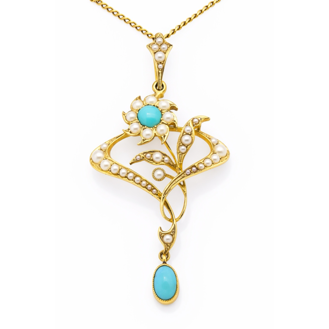 Original Art Nouveau 15ct Yellow Gold, Turquoise & Seed Pearl Necklace - c.1880’s
