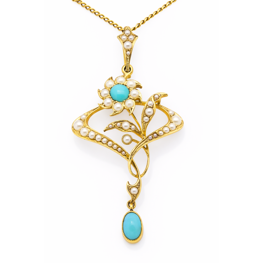 Original Art Nouveau 15ct Yellow Gold, Turquoise & Seed Pearl Necklace - c.1880’s