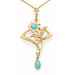 Original Art Nouveau 15ct Yellow Gold, Turquoise & Seed Pearl Necklace - c.1880’s