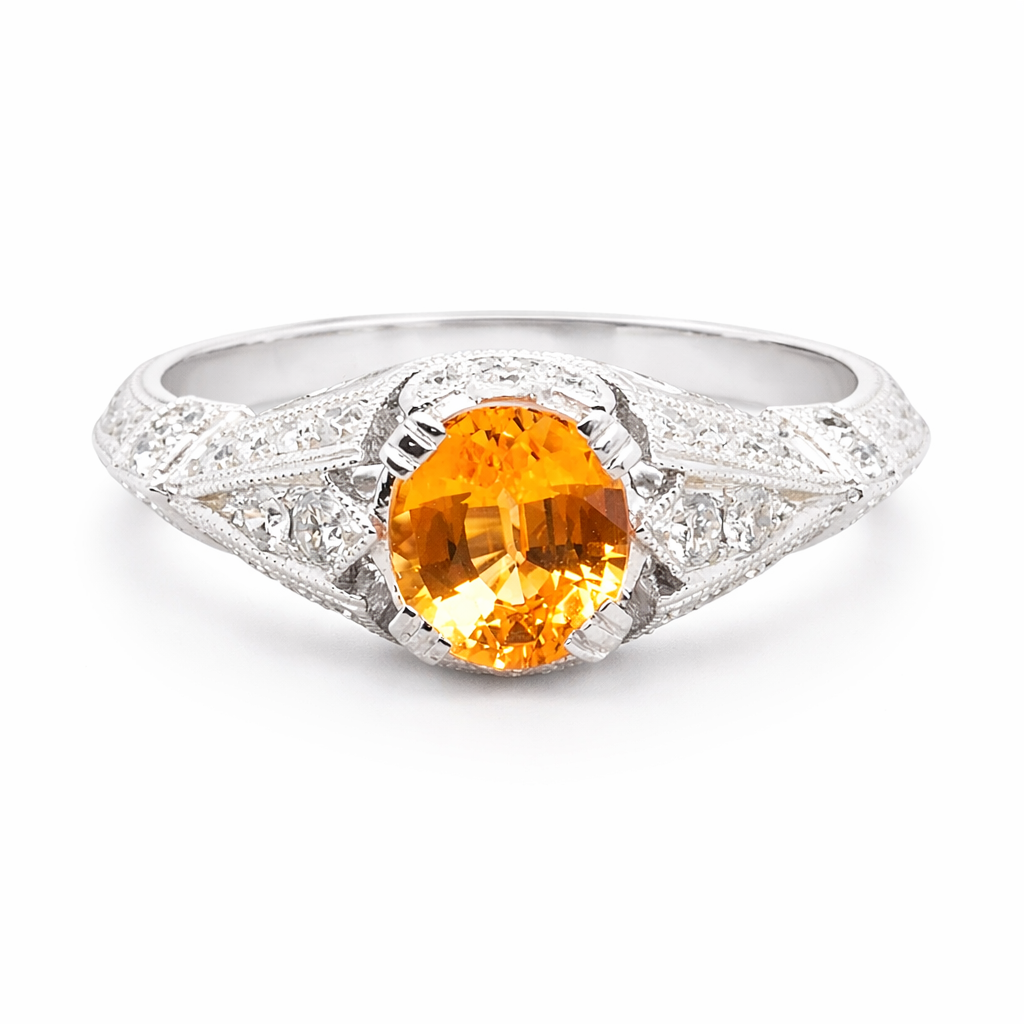9ct White Gold Spessartite Garnet & Diamond 'Art Deco' Ring
