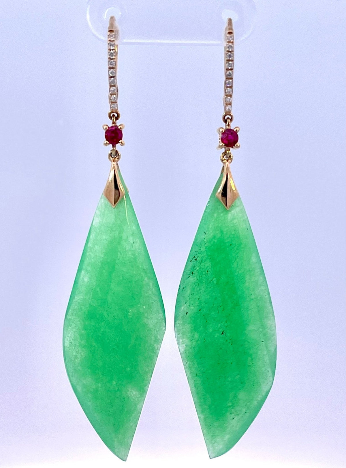 Longline Earrings - Hand-carved Jade leaves with Rubies and Diamonds - Markbridge Jewellers