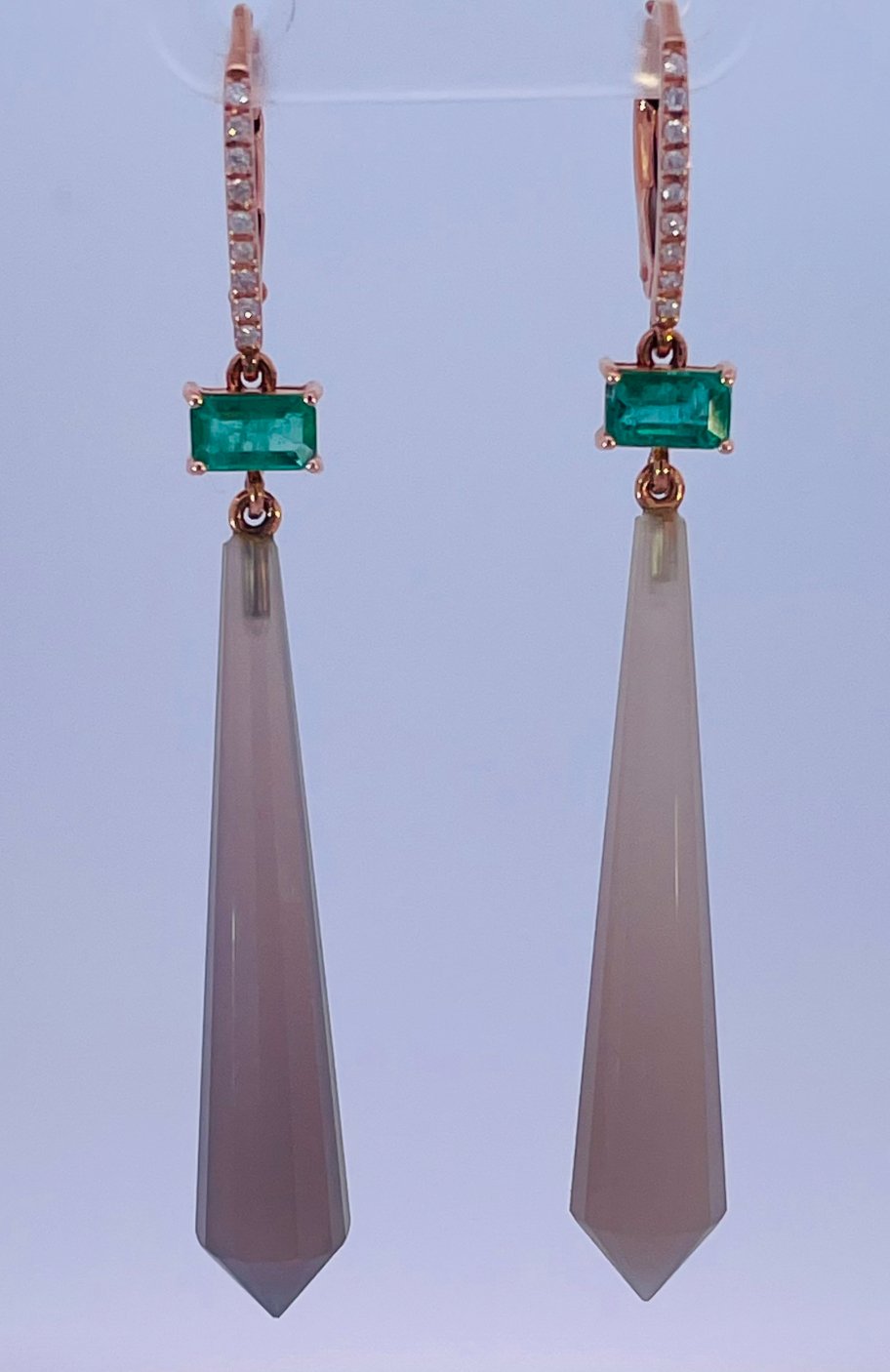 Longline Earrings - Natural Emeralds and Quartz Moonstone Briolette Drops - Markbridge Jewellers