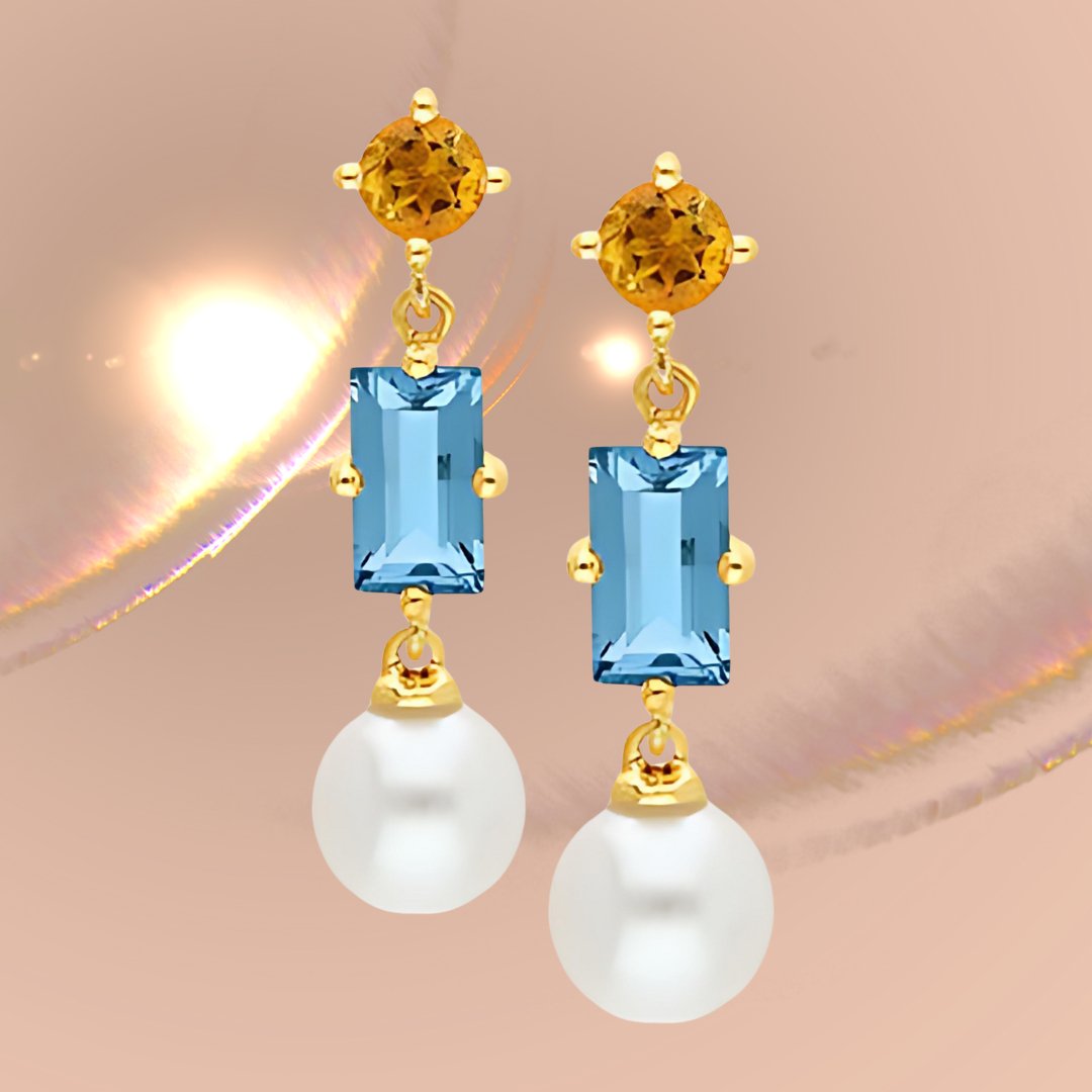 Yellow Gold Stud Drop Earrings With Citrine, Topaz & Freshwater Pearl - Markbridge Jewellers