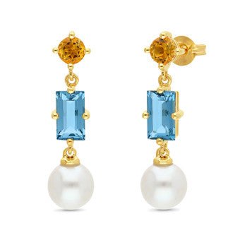 Yellow Gold Stud Drop Earrings With Citrine, Topaz & Freshwater Pearl - Markbridge Jewellers